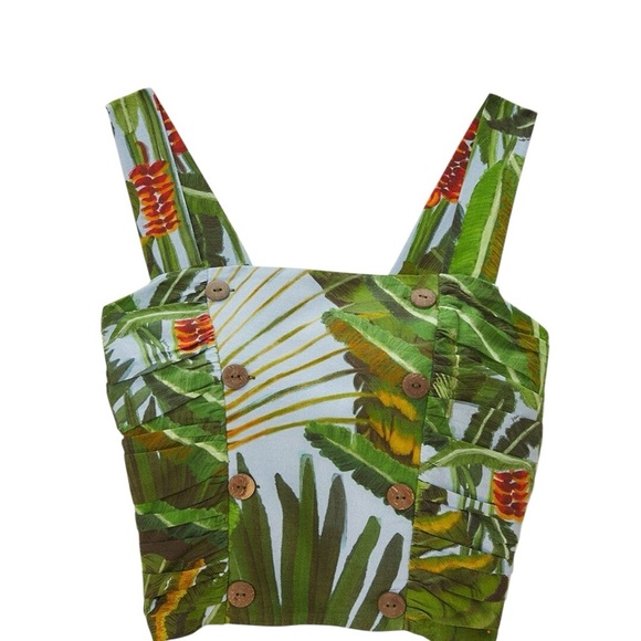 NWT Farm Rio Top Tropical Green Button-Up Crop Top Linen Viscose Blend Size XS - Picture 3 of 5